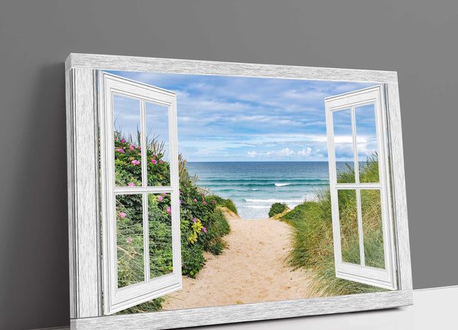 Window frame fistral beach path open window canvas picture print