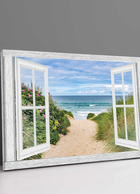 Window frame fistral beach path open window canvas picture print
