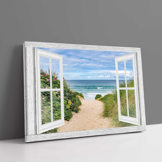 Window frame fistral beach path open window canvas picture print