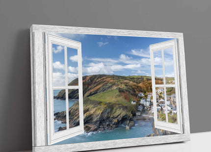 Portloe Harbour through a window frame. Canvas picture print