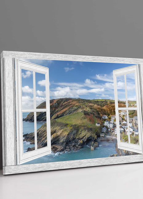 Portloe Harbour through a window frame. Canvas picture print