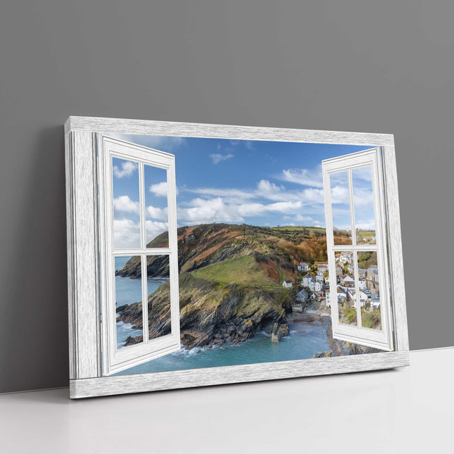 Portloe Harbour through a window frame. Canvas picture print
