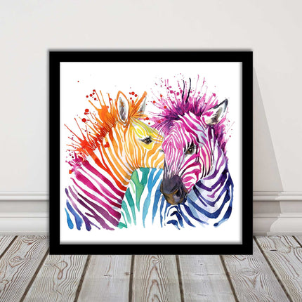 Zebras multi coloura Framed picture print. Colour splash white background