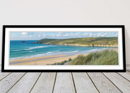Crantock Beach. Panoramic framed picture print, Cornwall beach scene choice