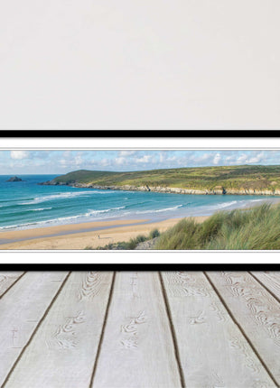 Crantock Beach. Panoramic framed picture print, Cornwall beach scene choice