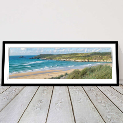 Crantock Beach. Panoramic framed picture print, Cornwall beach scene choice