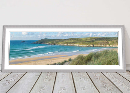 Crantock Beach. Panoramic framed picture print, Cornwall beach scene choice