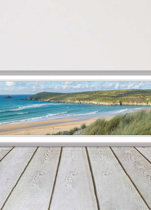 Crantock Beach. Panoramic framed picture print, Cornwall beach scene choice