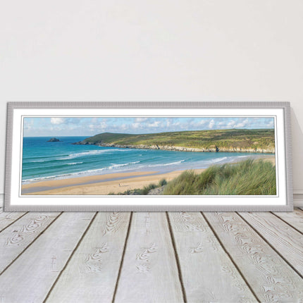 Crantock Beach. Panoramic framed picture print, Cornwall beach scene choice