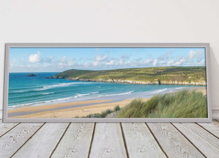 Crantock Beach. Panoramic framed picture print, Cornwall beach scene choice