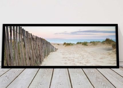 Sand dunes at sunrise. Panoramic framed picture print, beach/coastal scene