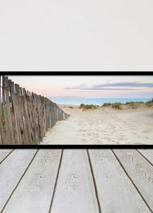 Sand dunes at sunrise. Panoramic framed picture print, beach/coastal scene