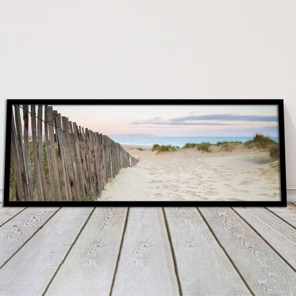 Sand dunes at sunrise. Panoramic framed picture print, beach/coastal scene