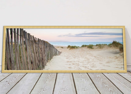 Sand dunes at sunrise. Panoramic framed picture print, beach/coastal scene