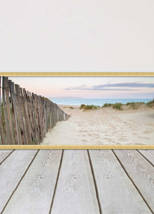 Sand dunes at sunrise. Panoramic framed picture print, beach/coastal scene