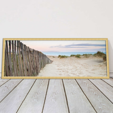Sand dunes at sunrise. Panoramic framed picture print, beach/coastal scene