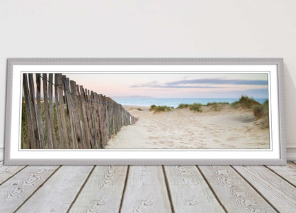 Sand dunes at sunrise. Panoramic framed picture print, beach/coastal scene