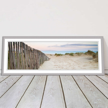 Sand dunes at sunrise. Panoramic framed picture print, beach/coastal scene