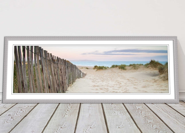 Sand dunes at sunrise. Panoramic framed picture print, beach/coastal scene