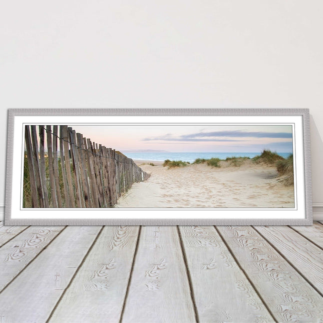 Sand dunes at sunrise. Panoramic framed picture print, beach/coastal scene