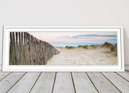 Sand dunes at sunrise. Panoramic framed picture print, beach/coastal scene