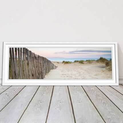 Sand dunes at sunrise. Panoramic framed picture print, beach/coastal scene