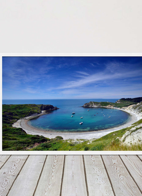 Lulworth Cove, Jurassic coast. Sea view. Framed picture print choice of colours