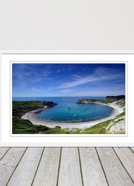 Lulworth Cove, Jurassic coast. Sea view. Framed picture print choice of colours