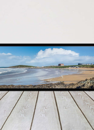 Fistral Beach, Newquay. Panoramic framed picture print, Cornwall beach scene.