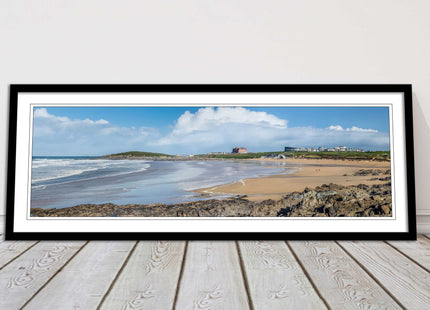 Fistral Beach, Newquay. Panoramic framed picture print, Cornwall beach scene.