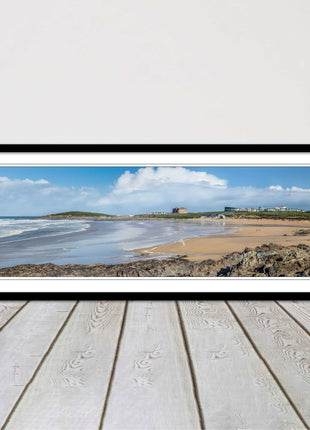 Fistral Beach, Newquay. Panoramic framed picture print, Cornwall beach scene.