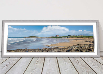 Fistral Beach, Newquay. Panoramic framed picture print, Cornwall beach scene.