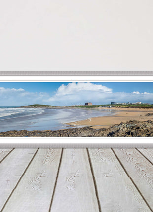 Fistral Beach, Newquay. Panoramic framed picture print, Cornwall beach scene.