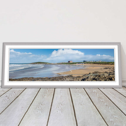 Fistral Beach, Newquay. Panoramic framed picture print, Cornwall beach scene.