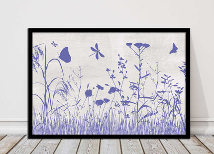 Purple Wild flowers and butterfly. Framed picture with choice of frame colours