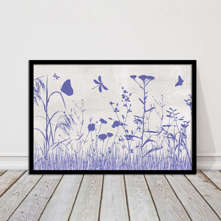 Purple Wild flowers and butterfly. Framed picture with choice of frame colours