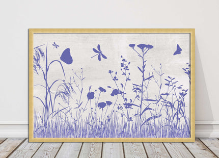 Purple Wild flowers and butterfly. Framed picture with choice of frame colours