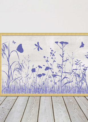 Purple Wild flowers and butterfly. Framed picture with choice of frame colours