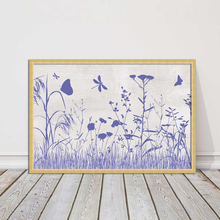 Purple Wild flowers and butterfly. Framed picture with choice of frame colours