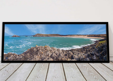Crantock Beach at low tide. Panoramic framed picture print, Cornwall beach scene