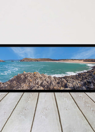 Crantock Beach at low tide. Panoramic framed picture print, Cornwall beach scene