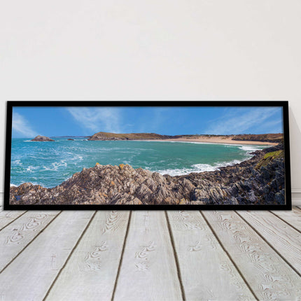 Crantock Beach at low tide. Panoramic framed picture print, Cornwall beach scene