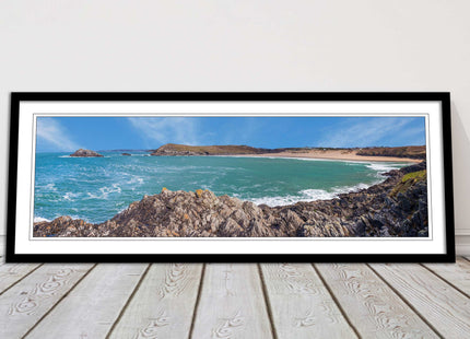 Crantock Beach at low tide. Panoramic framed picture print, Cornwall beach scene