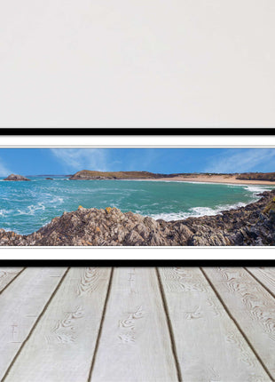 Crantock Beach at low tide. Panoramic framed picture print, Cornwall beach scene