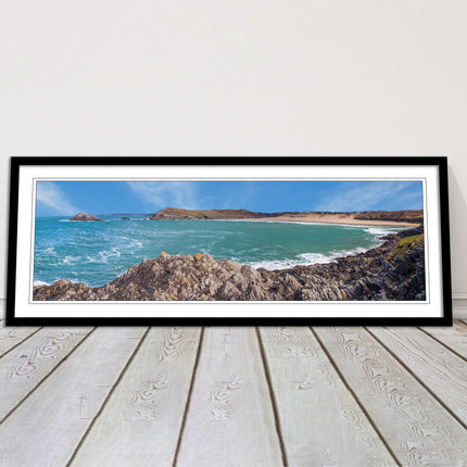Crantock Beach at low tide. Panoramic framed picture print, Cornwall beach scene