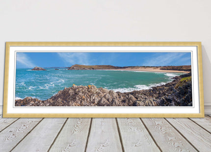 Crantock Beach at low tide. Panoramic framed picture print, Cornwall beach scene
