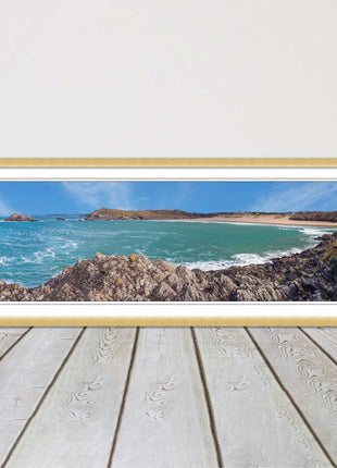 Crantock Beach at low tide. Panoramic framed picture print, Cornwall beach scene