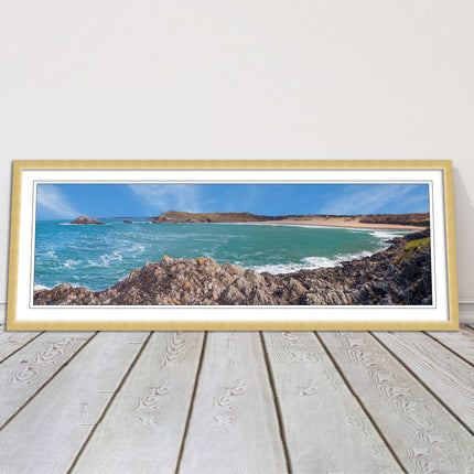 Crantock Beach at low tide. Panoramic framed picture print, Cornwall beach scene