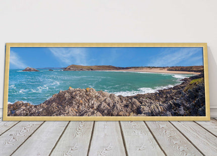 Crantock Beach at low tide. Panoramic framed picture print, Cornwall beach scene