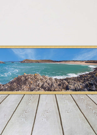 Crantock Beach at low tide. Panoramic framed picture print, Cornwall beach scene